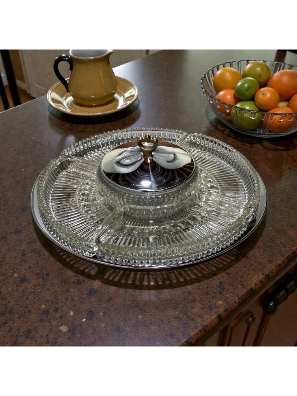 Kromex Glass & Chrome Lazy Susan Party Hosting Relish Tray Vintage 50s See Notes